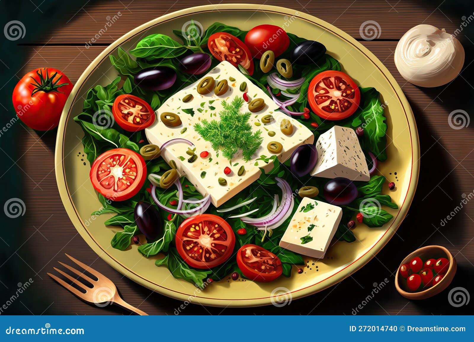 Brie Cheese and Tomato Salad with Olives, Onion, and Greens Stock