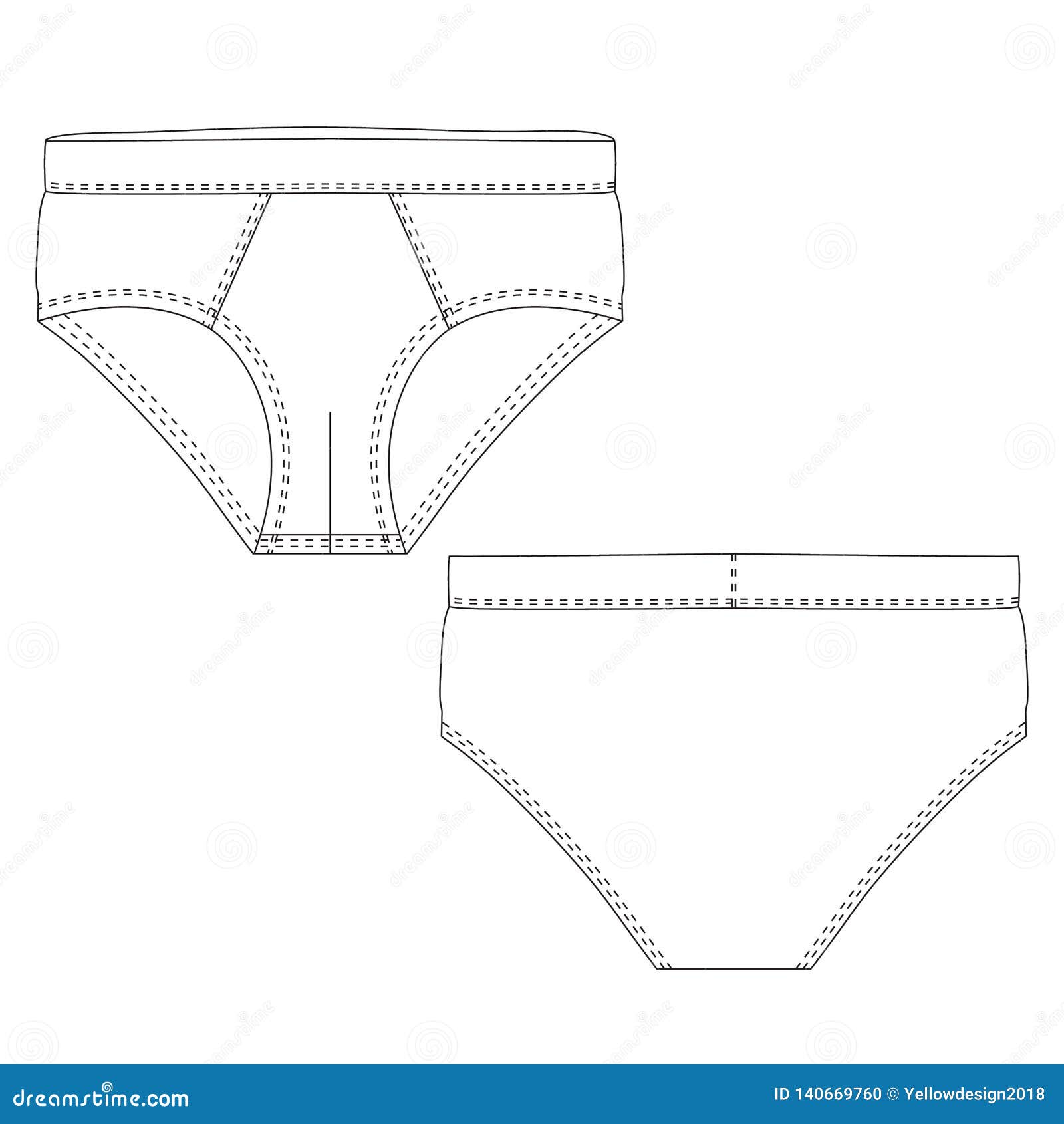 Lingerie briefs, underpants. Female vector template isolated on a grey  background. Front and back view. Outline fashion technical sketch of  clothes model. Stock Vector