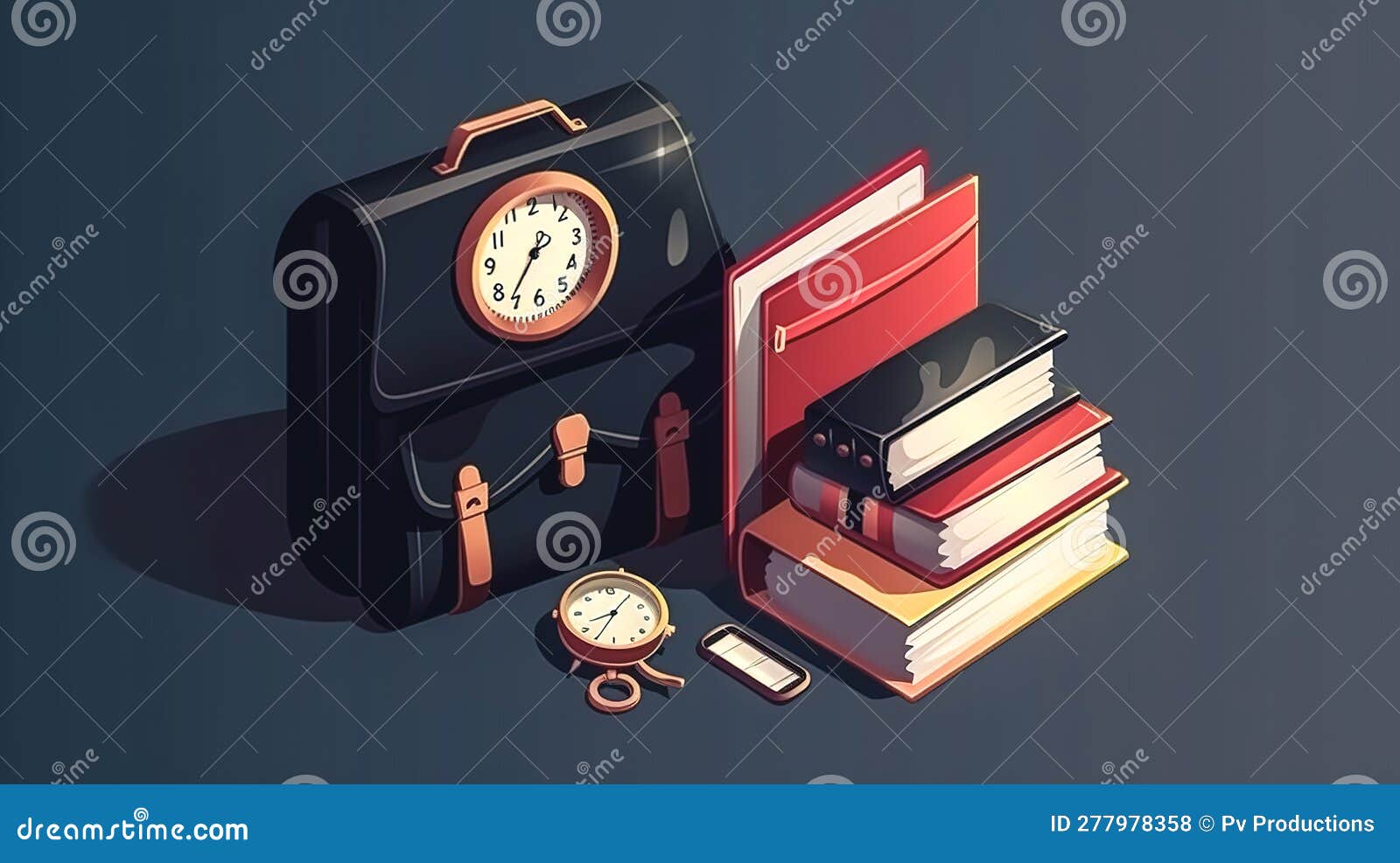 Briefcase and Books on a Dark Background, Generative AI. Stock