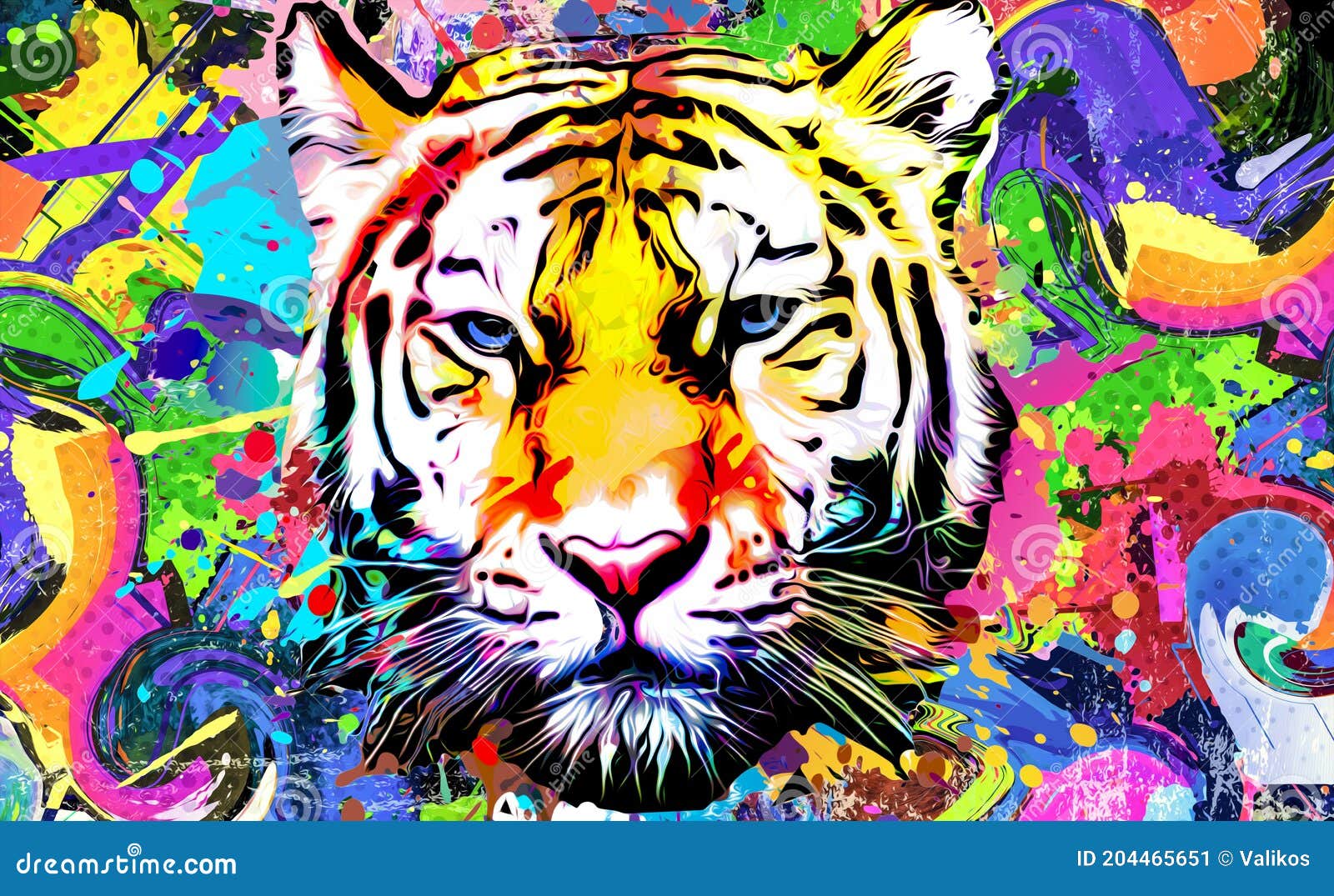 bright abstract colorful background with tiger, paint splashes art 