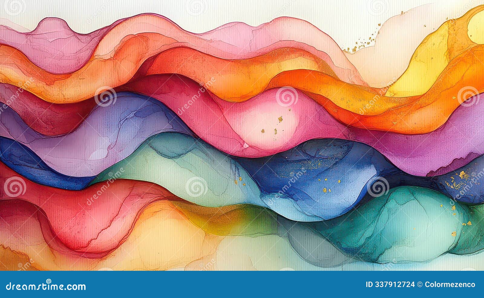 bright abstract watercolor with bold rainbow curves and golden details