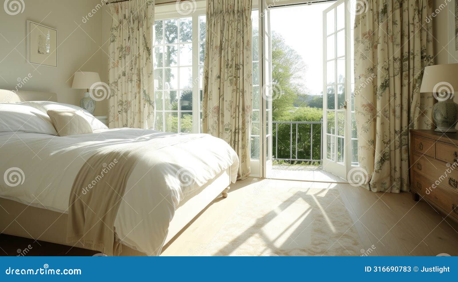 a bright and airy bedroom with floortoceiling curtains handsewn with a delicate floral print fabric creating a dreamy