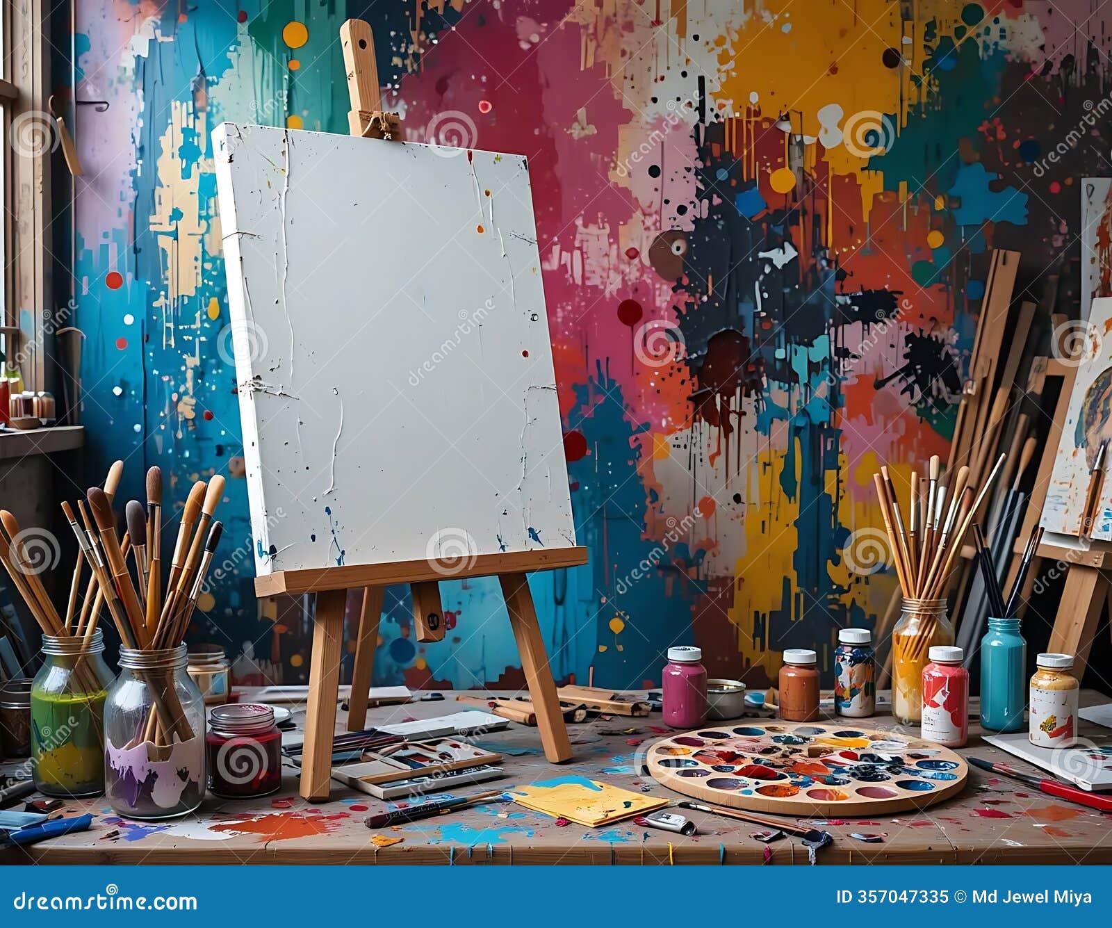 bright art studio, large windows, natural light, colorful abstract mural, blank canvas on easel,