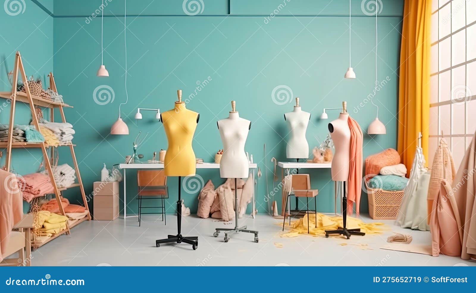 Bright Atelier Studio with Various Sewing Items, Fabrics and Mannequins