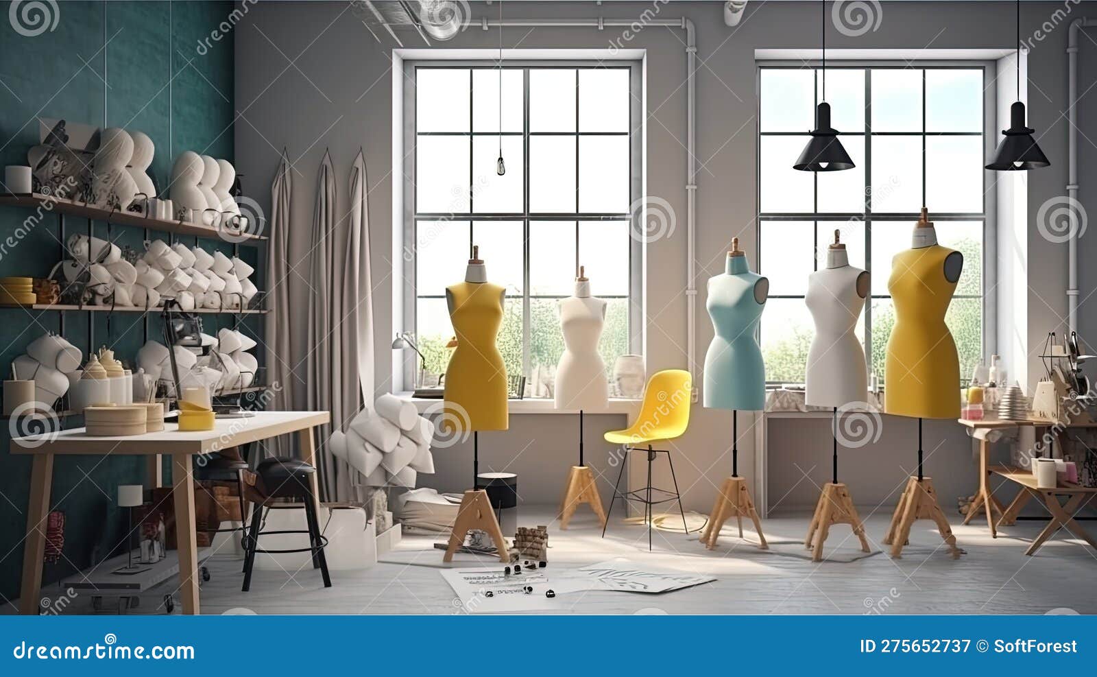 Bright Atelier Studio with Various Sewing Items, Fabrics and Mannequins