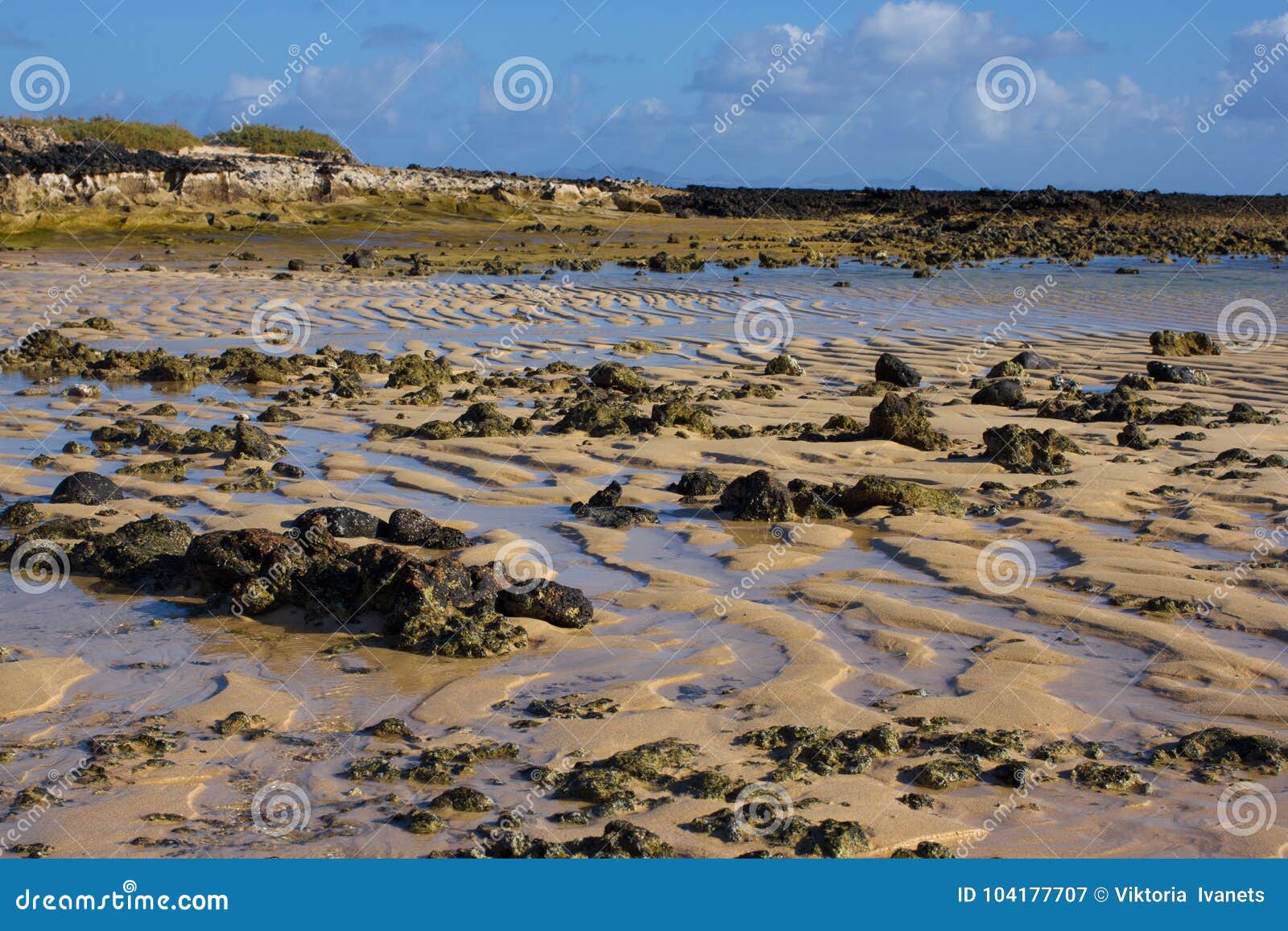 Bright Background Of Sand And Sky. Atlantic Ocean Sand And Water Ripple
