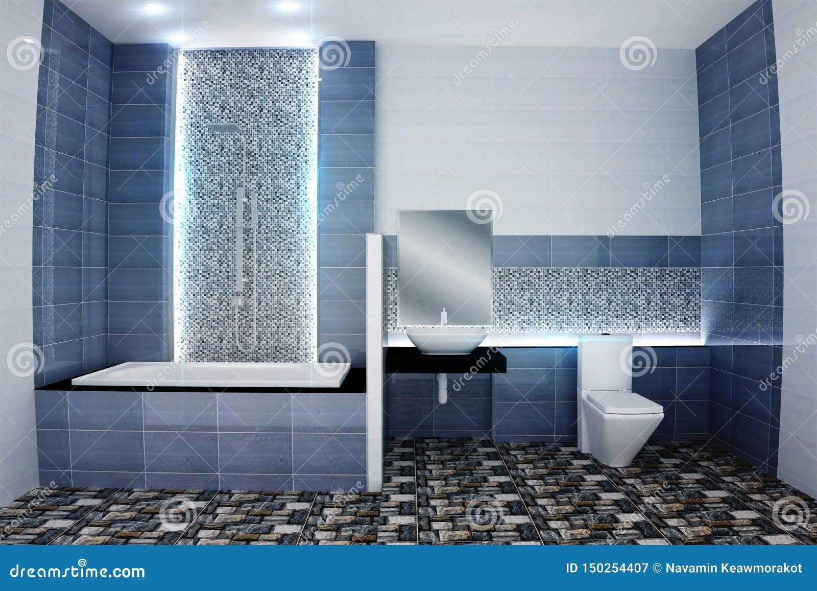 Bright Bathroom Design Tiles Blue Modern Style 3d Rendering Stock