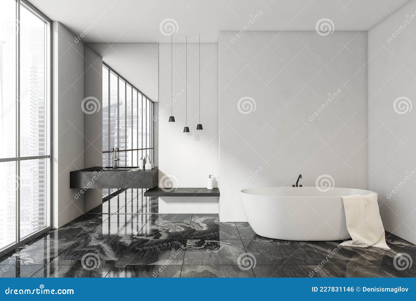 Bright Bathroom Interior with Bathtub, Empty White Wall and Sink Stock ...