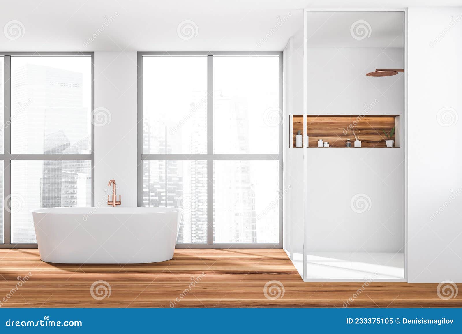 Bright Bathroom Interior with Bathtub, Shower, Panoramic Window Stock ...