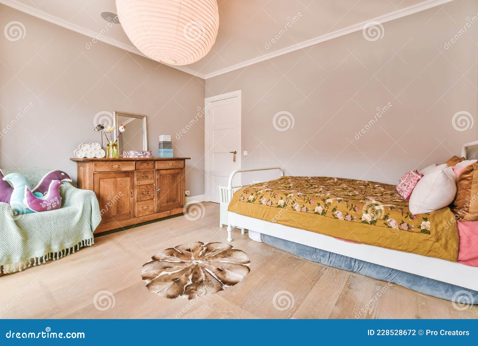 Bright bedroom design stock photo. Image of residential 228528672