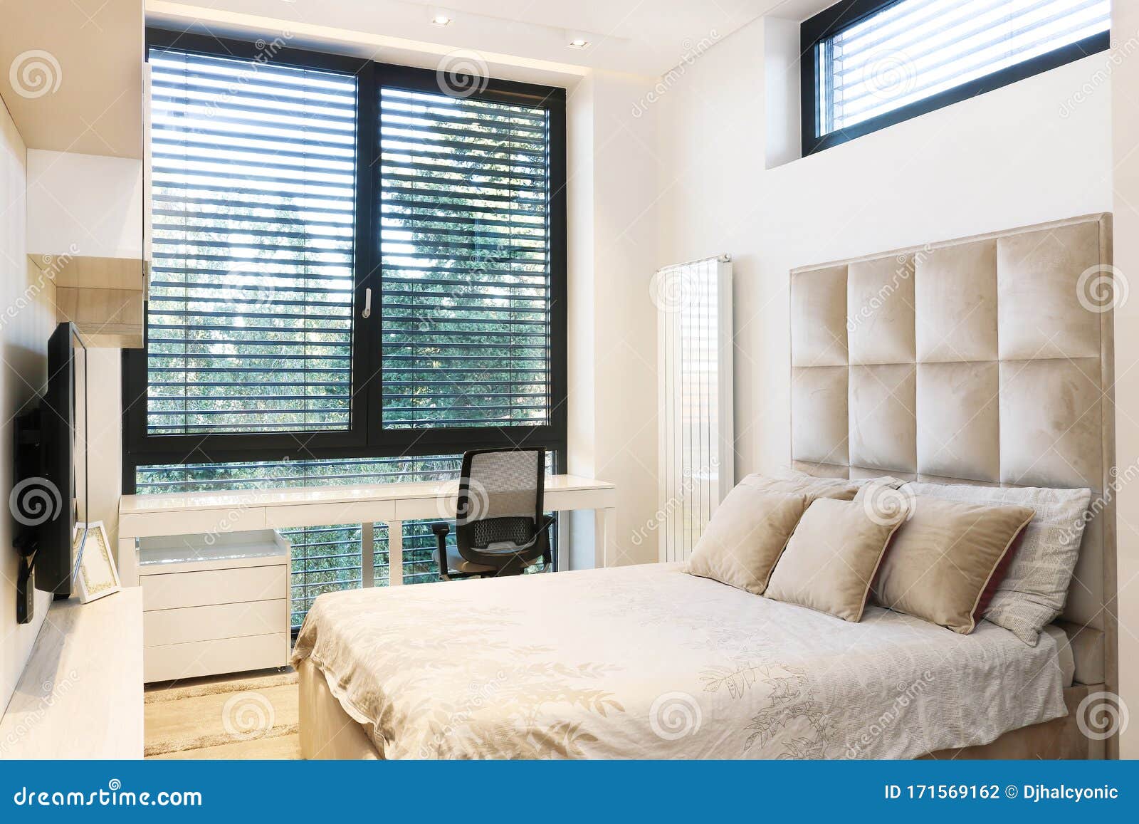 Stylish Bedroom with Comfortable Bad Stock Photo - Image of ...