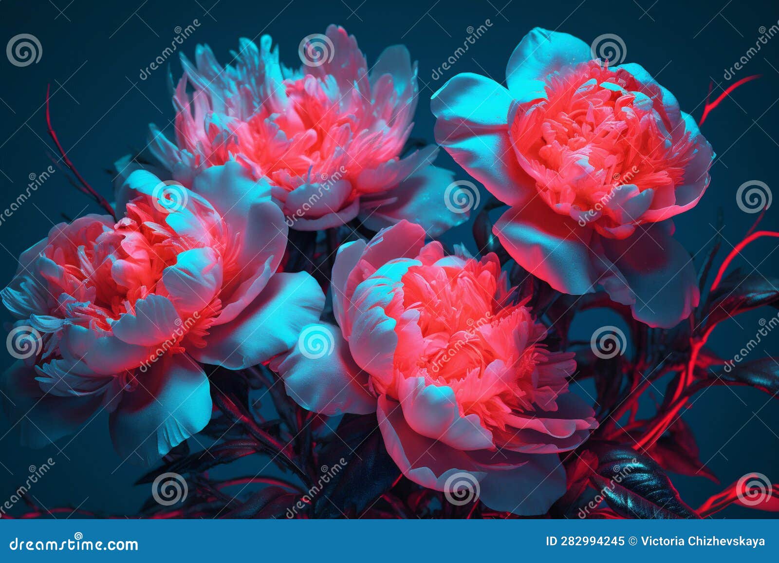 Bright Blossom Design Nature Peony Flower Neon Colours Bloom Flora.  Generative AI. Stock Illustration - Illustration of blue, background:  282994245