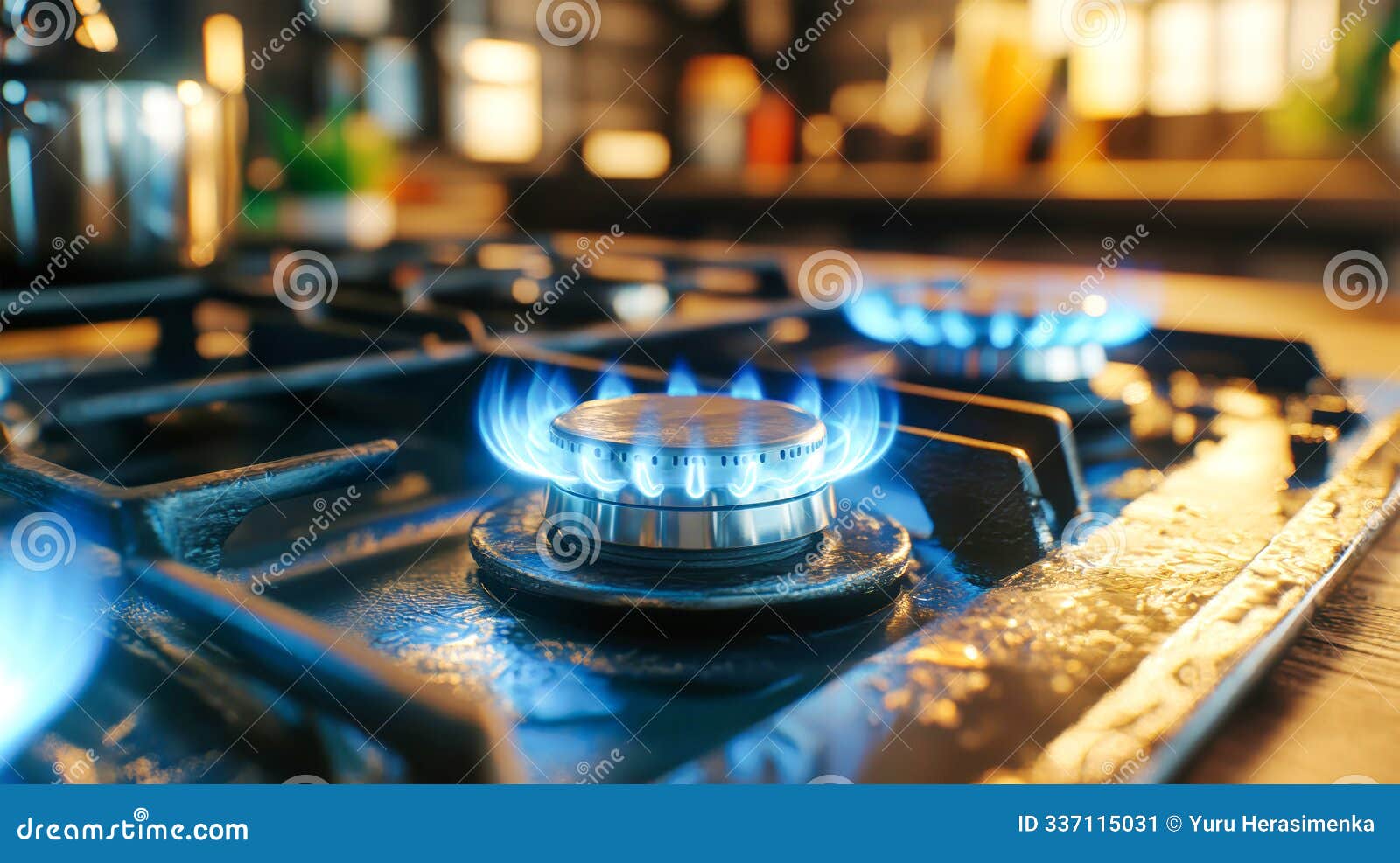 bright blue flames flicker on the gas stove, creating a mesmerizing display of light and color against the sleek metal cap,