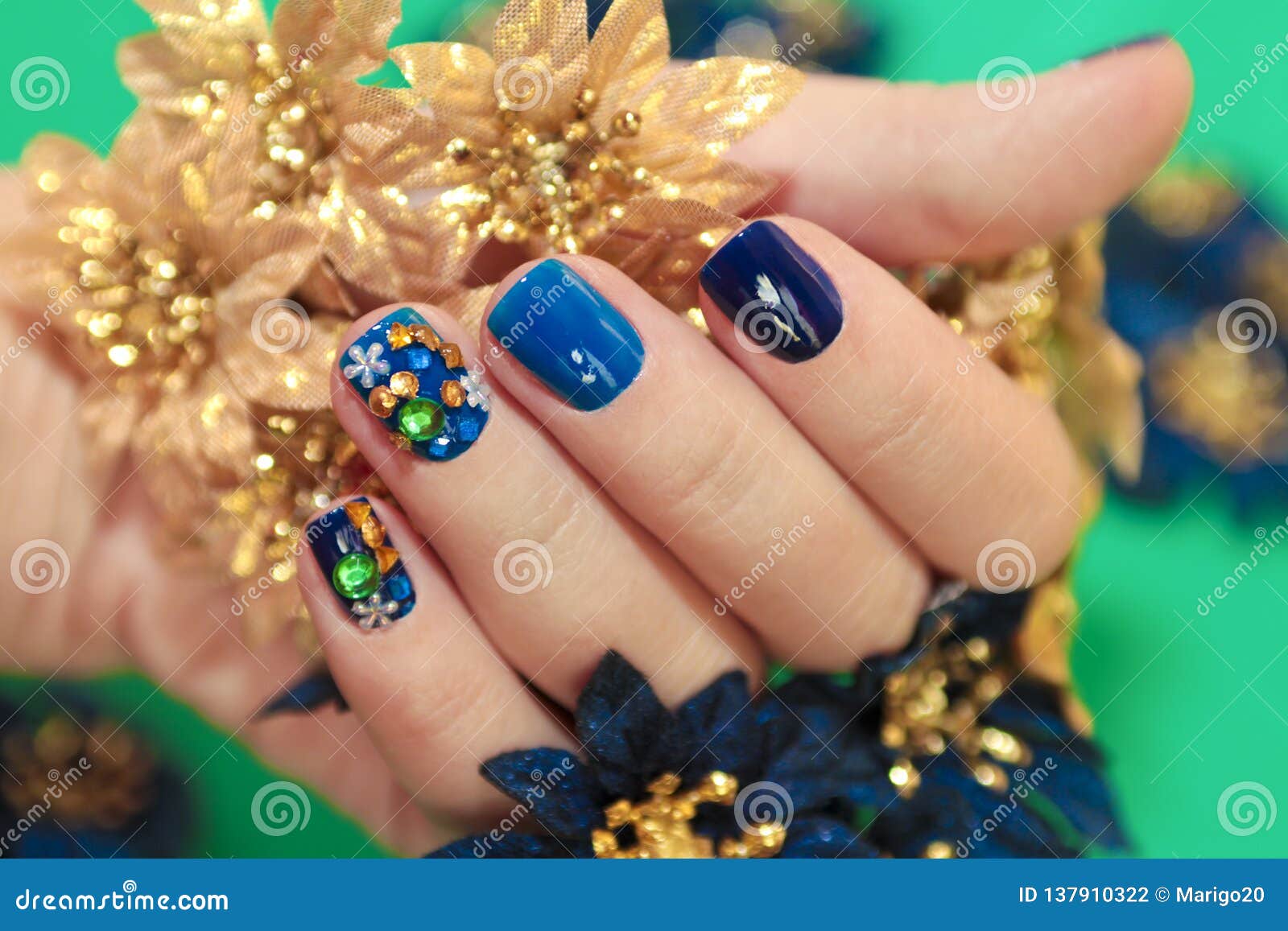 Bright Blue Manicure with the Design of Rhinestones Stock Photo - Image ...