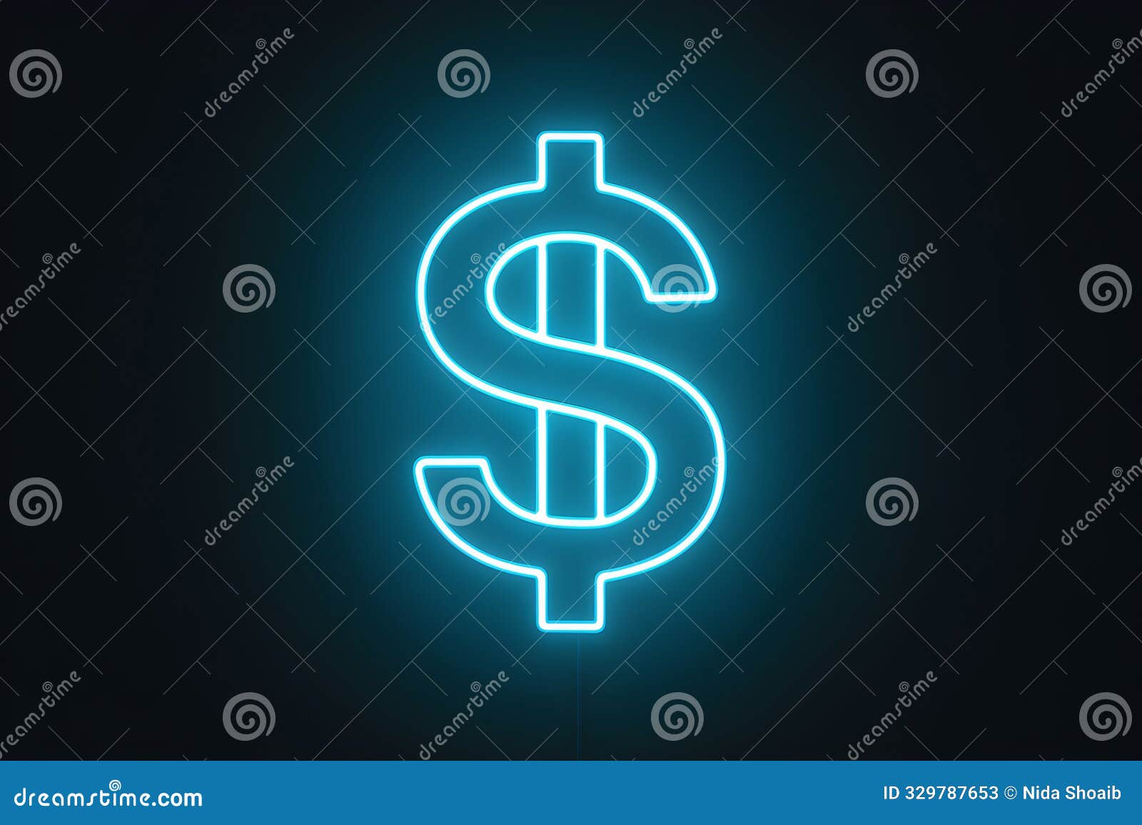 bright blue neon dollar sign illuminated against a dark background, three dimensional structure