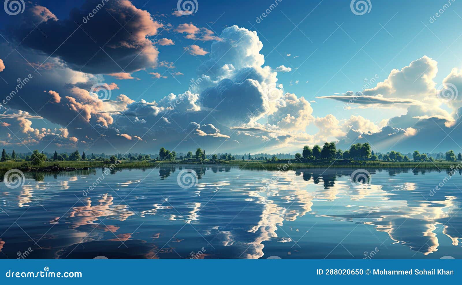 bright blue sky with fluffy clouds reflact on river ai generative
