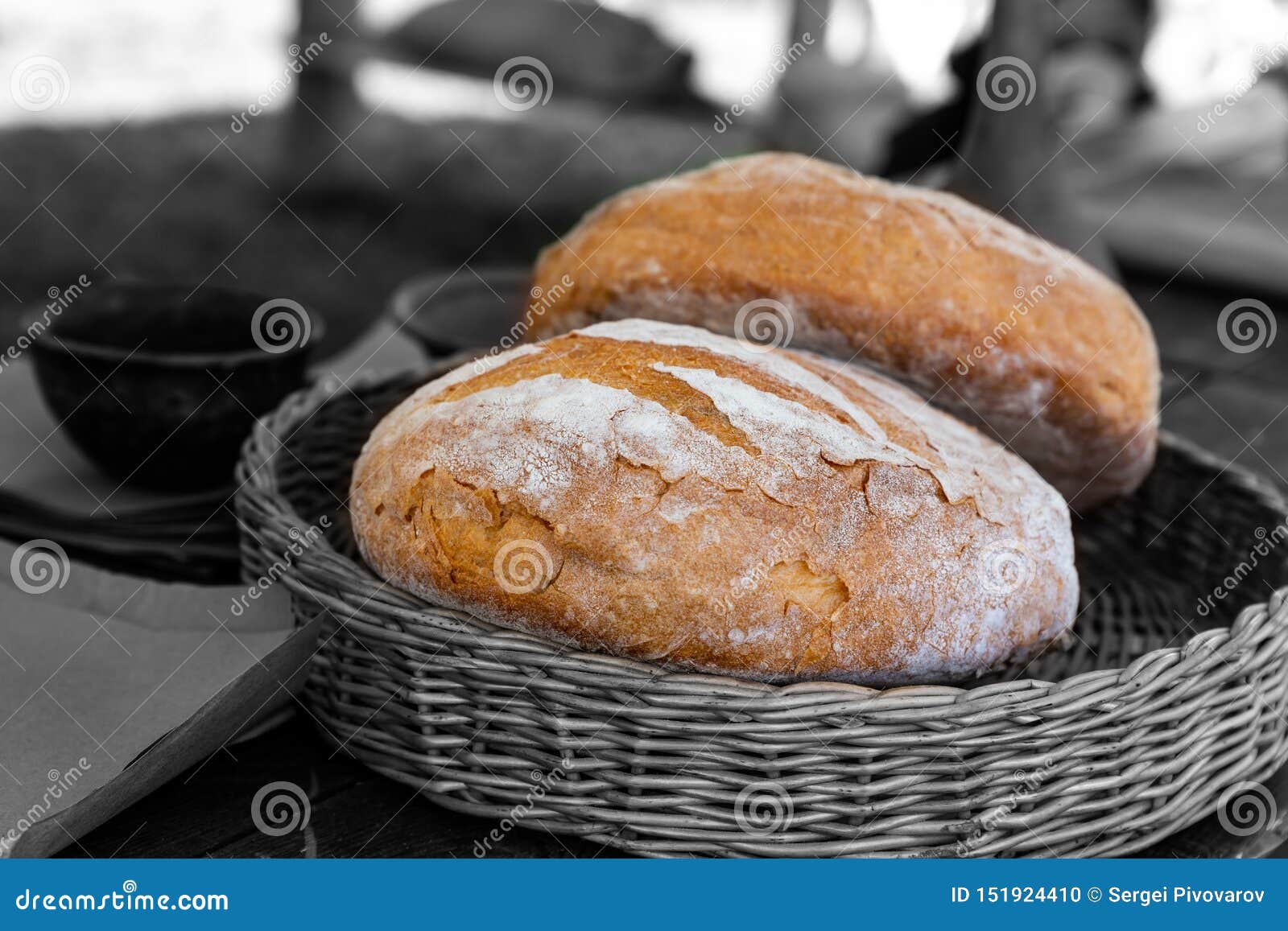 Bright Brown Fresh Baking Bread Tinted Basket Background Contrasted Base Highlighted Stock Photo