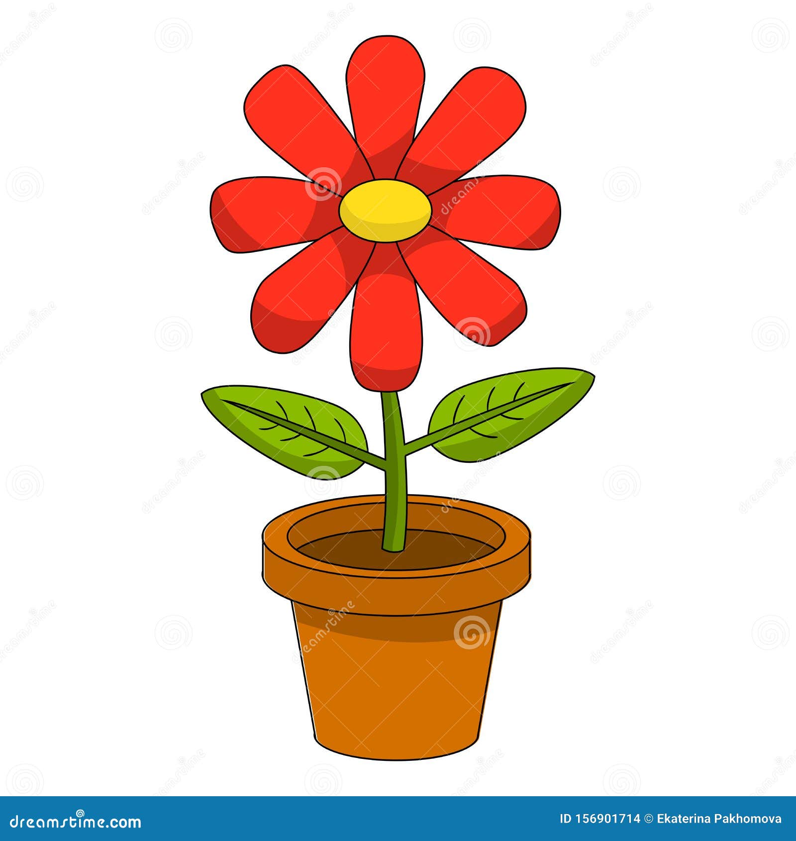 Bright Cartoon Flower in the Pot Isolated on White Background. Stock