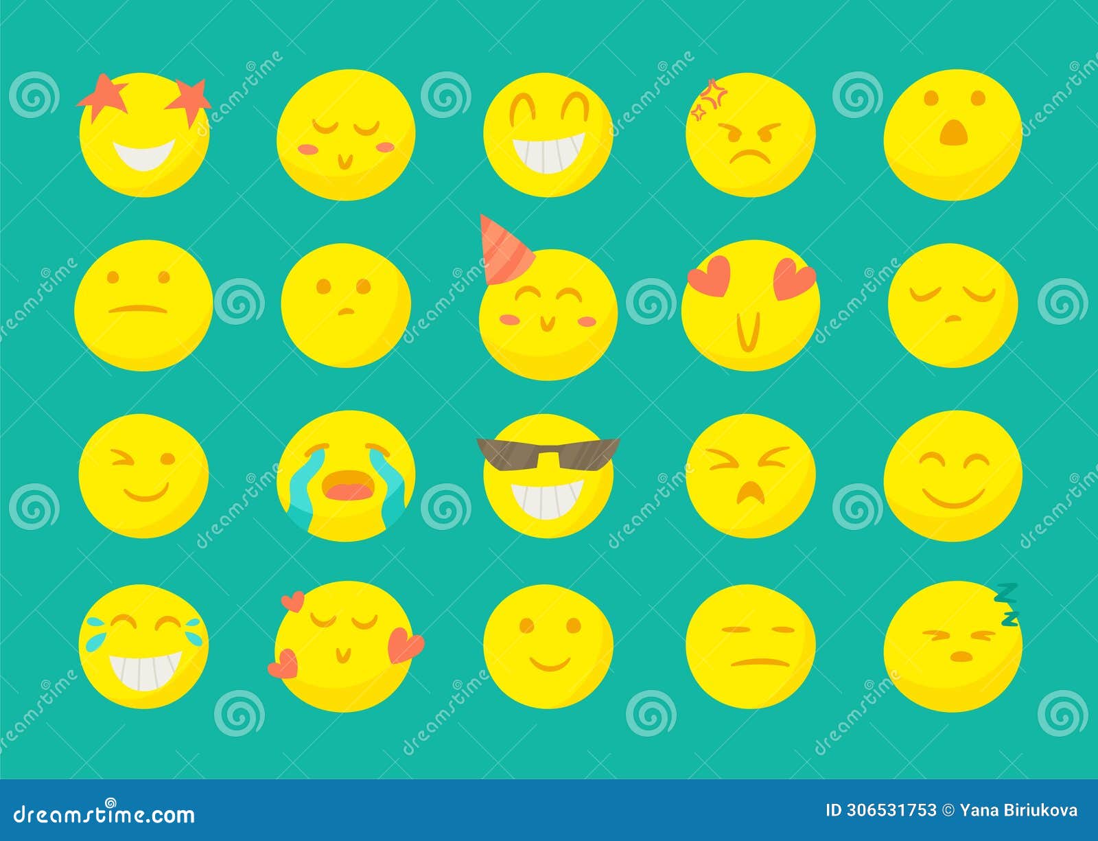 20 Bright Cartoon Smiley Faces. Large Set of Reactions. Emotions Stock ...