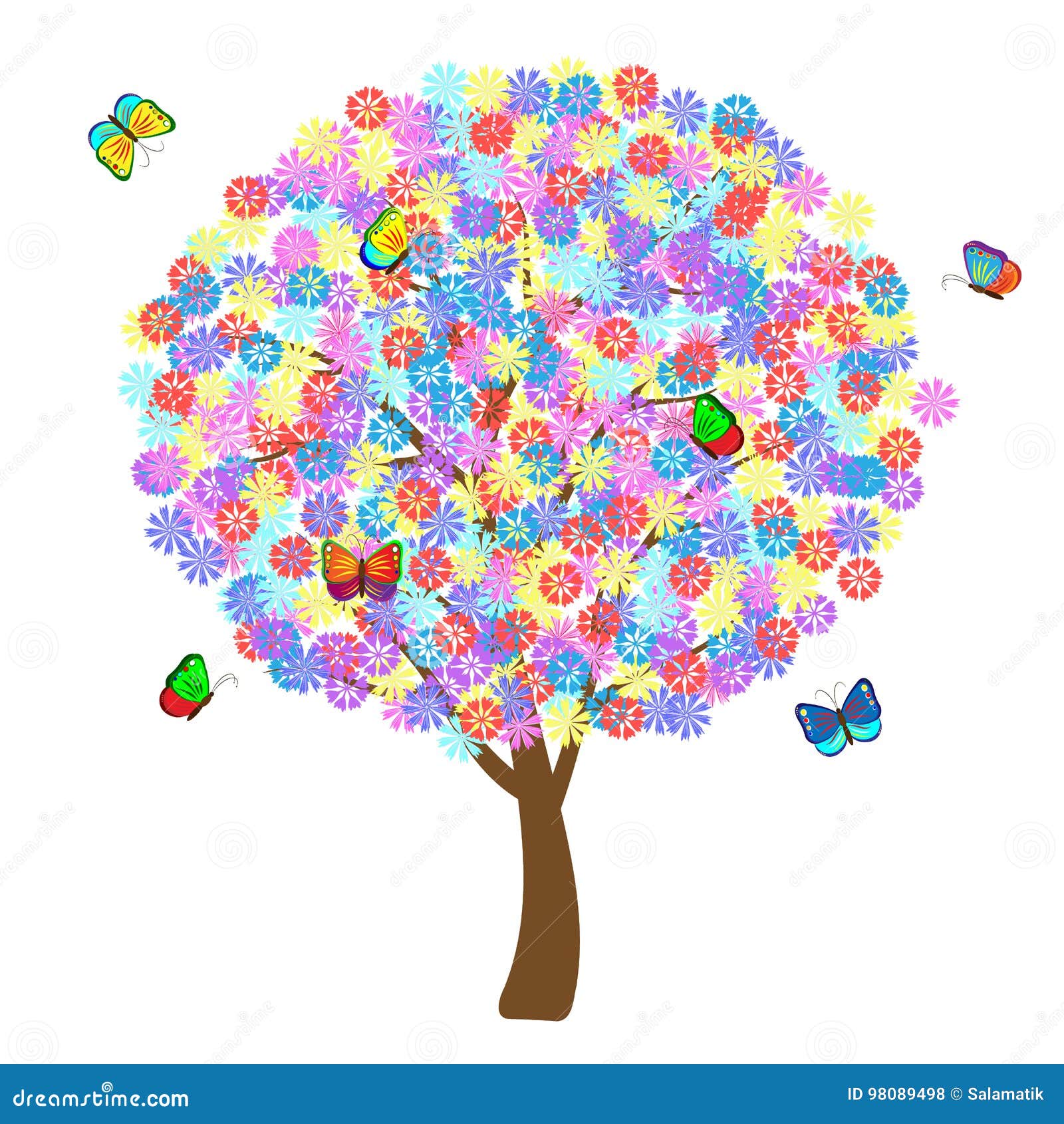 bright children`s tree of flowers and butterflies on a white background