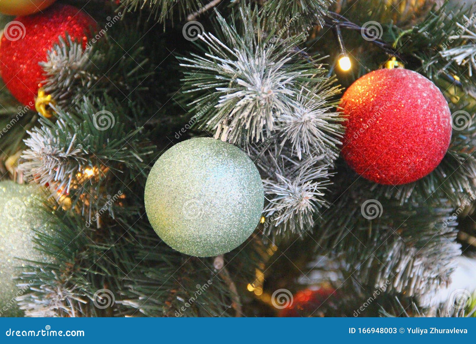 Bright Christmas Tree Balls. Christmas Green Tree and Glass Toy Red and ...