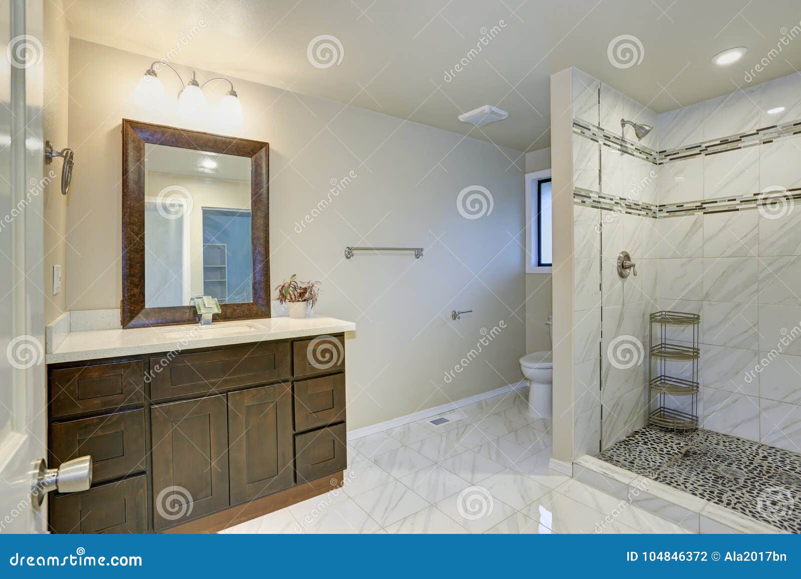 Bright Clean Bathroom Interior With Espresso Vanity Cabinet Stock Photo Image Of Bathroom