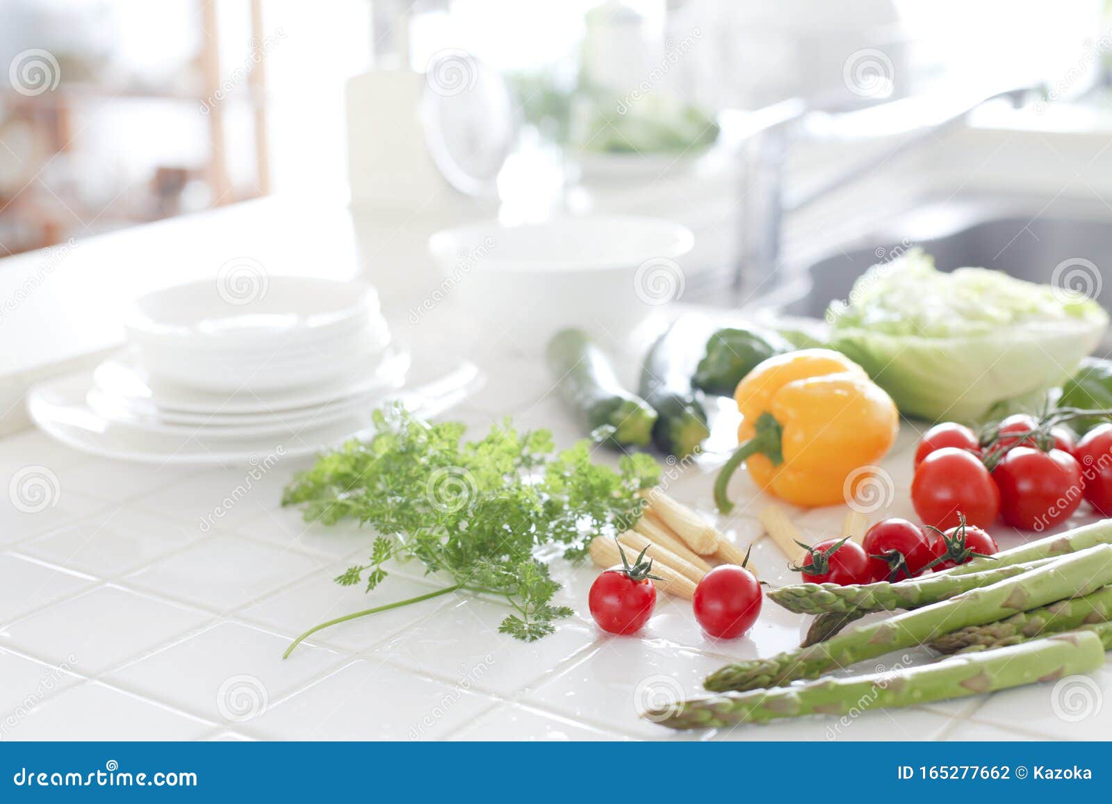Bright and Clean Kitchen with Sink Vegetables Stock Photo Image of