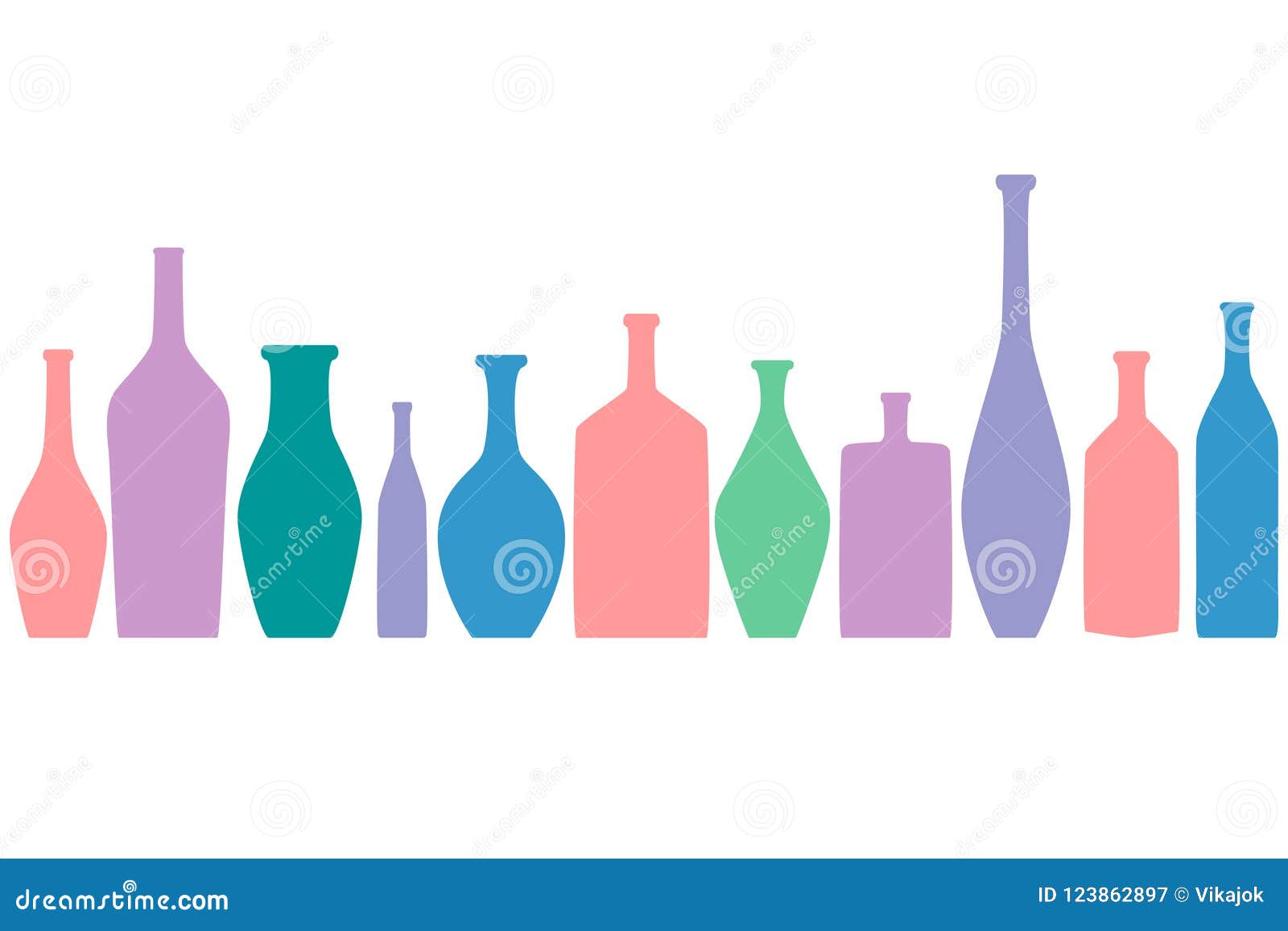 Bright Colored Bottles In A Row Different Type Of Bottles