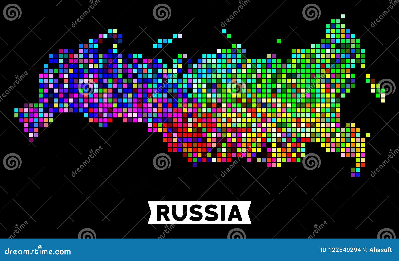 A Dotted Pixel USA Map. Raster Geographic Map In Russia Flag Colors On A  Black Background. Russian Blue, Red And White Colored Raster Abstract  Composition Of USA Map Made Of Square Dots.