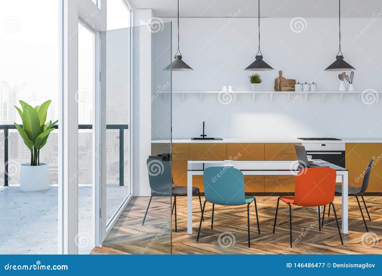 Bright Colored Kitchen Interior With Balcony Stock Illustration