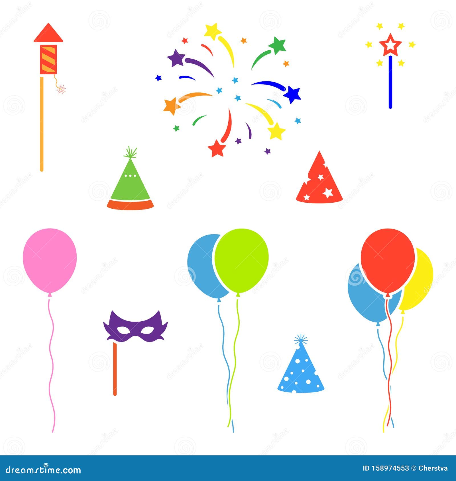 Bright Colorful Balloon Fireworks Rocket Birthday Hat Sign Symbol