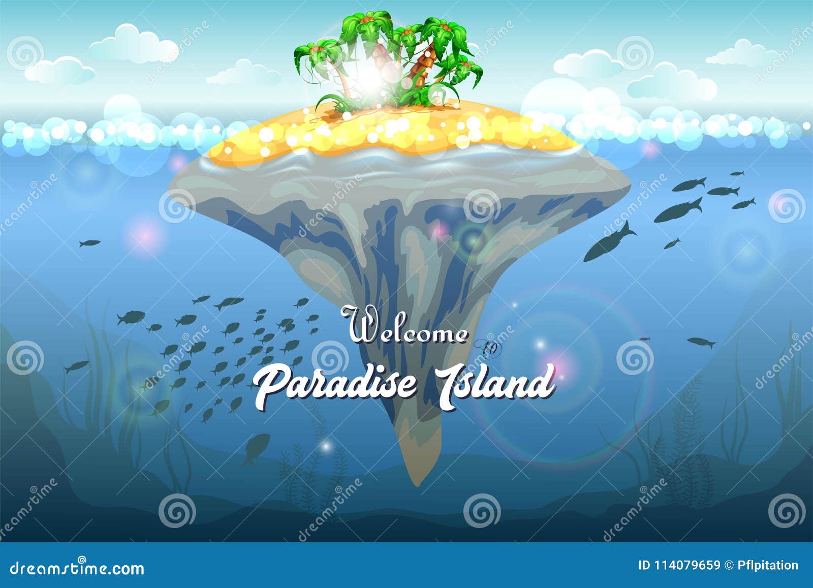 resort topical island. invitation card. underwater coral reef seabed and water surface with tropical isl stock image