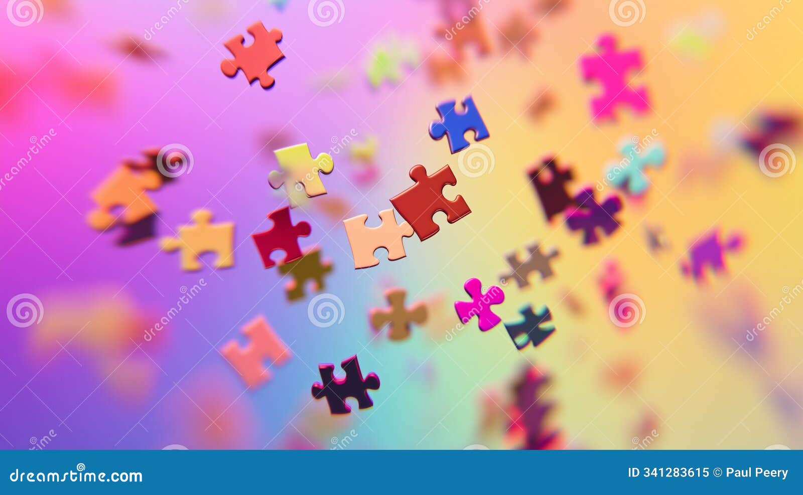 bright colorful puzzle pieces floating in gradient background abstract scatter