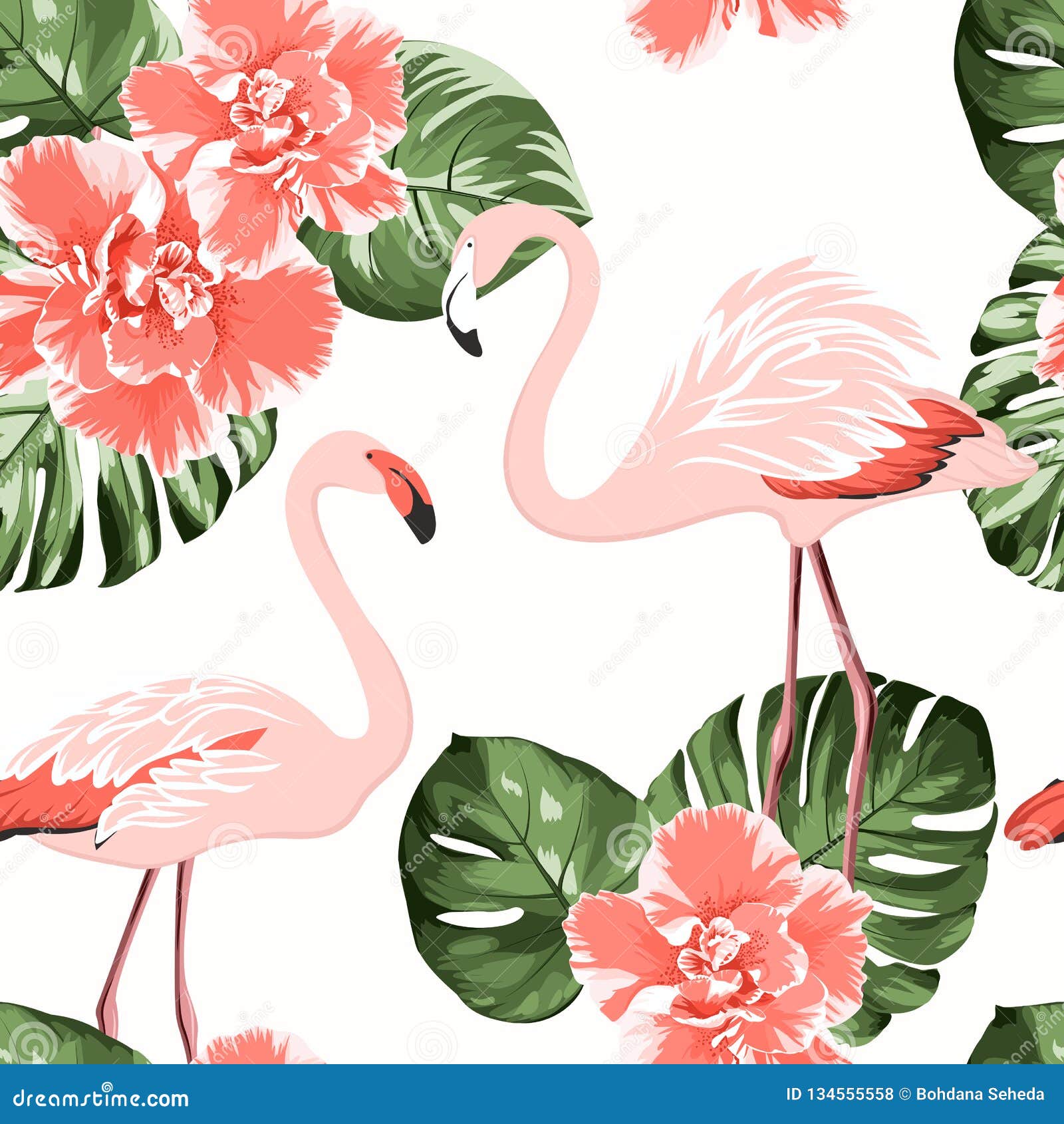 bright crimson camelia flowers, exotic pink flamingo birds, tropical monstera philodendron green leaves seamless pattern