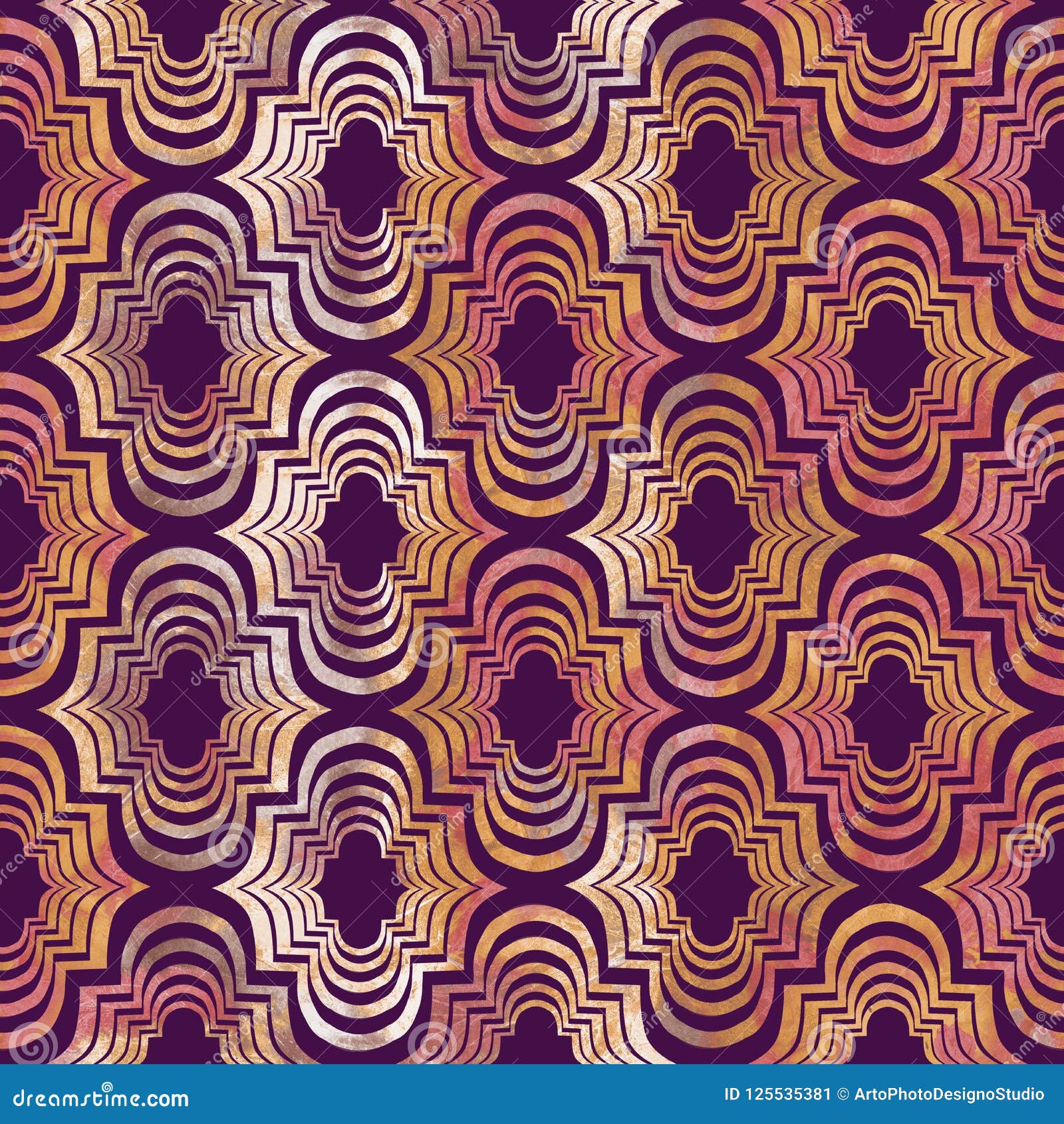 bright curly eastern geometrical  abstract grunge colorful splashes texture, watercolor seamless pattern in golden-pink