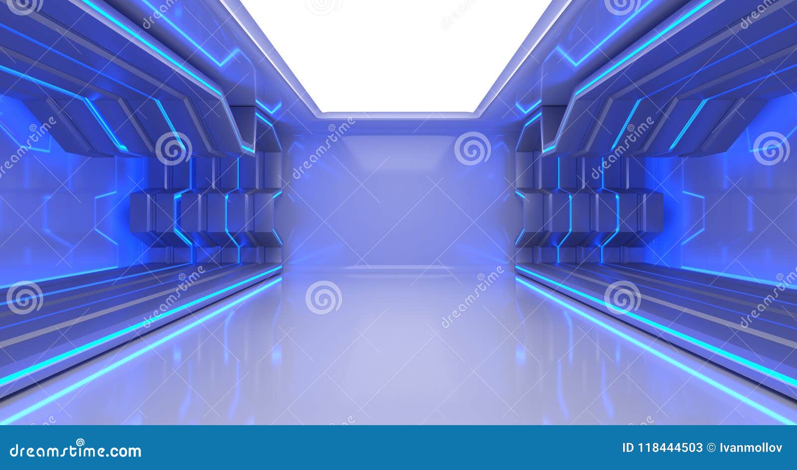 bright empty sci-fi futuristic ship room with reflective surface