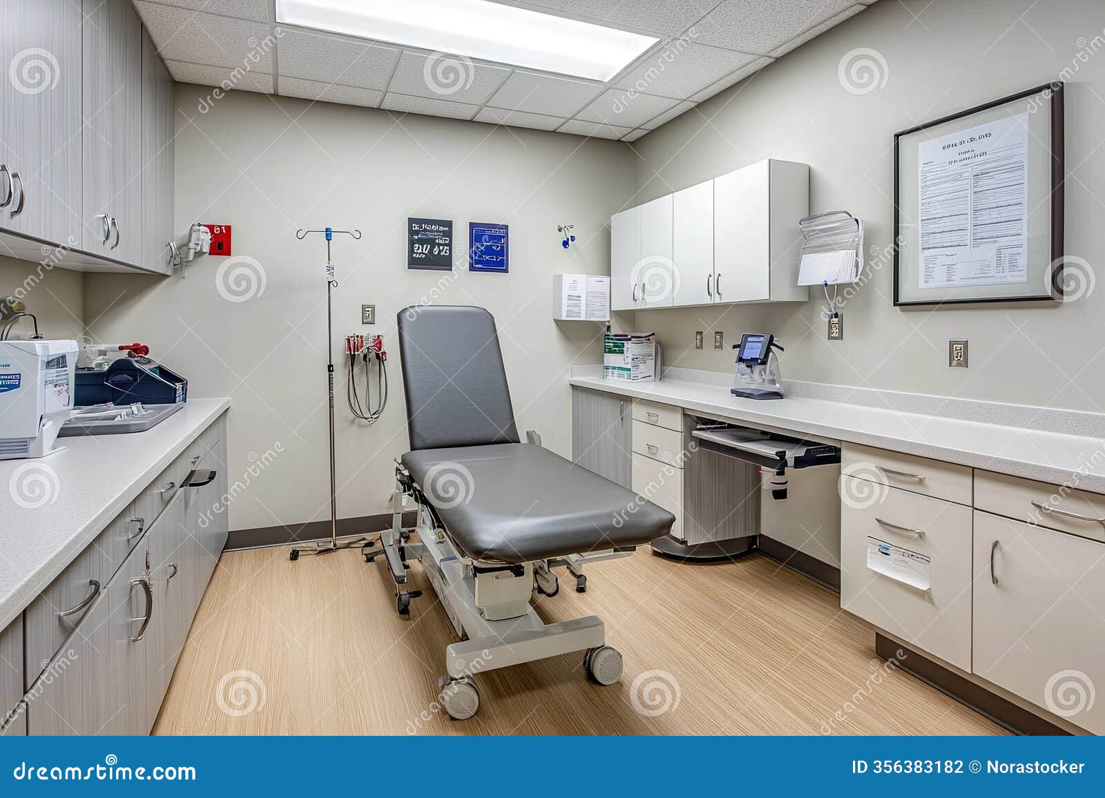 a bright exam room featuring clean counters, medical tools, and a