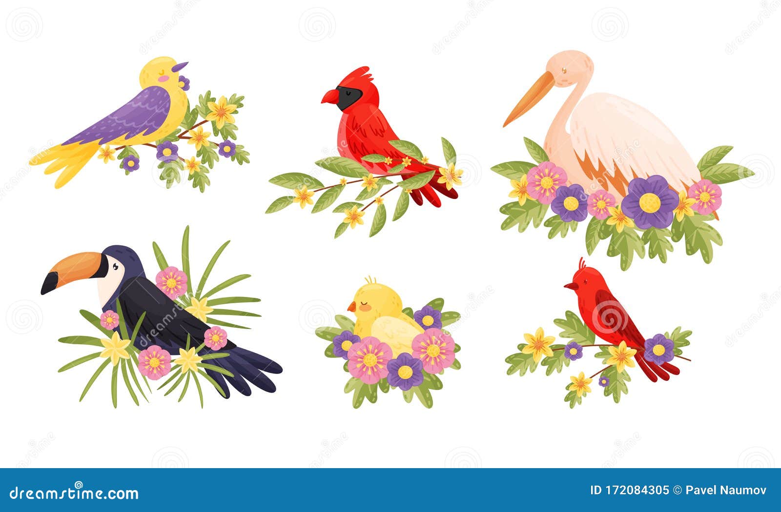 bright feathered birds sitting on floral twigs and branches  set