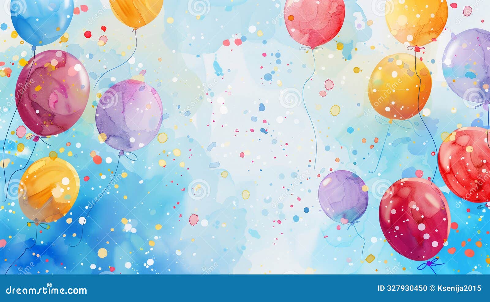 a bright festive image with balloons and confetti, made using watercolor technique. the  creates a joyful and cheerful