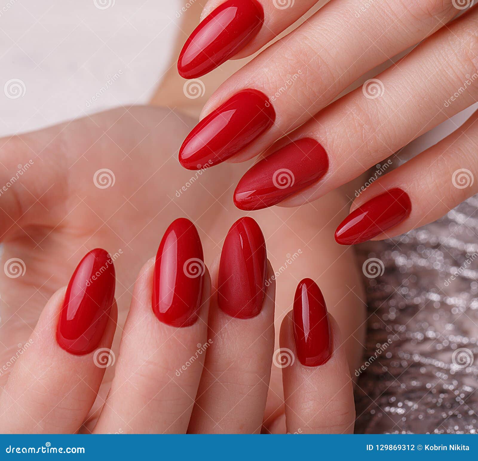 Bright Festive Red Manicure on Female Hands. Nails Design Stock Photo ...