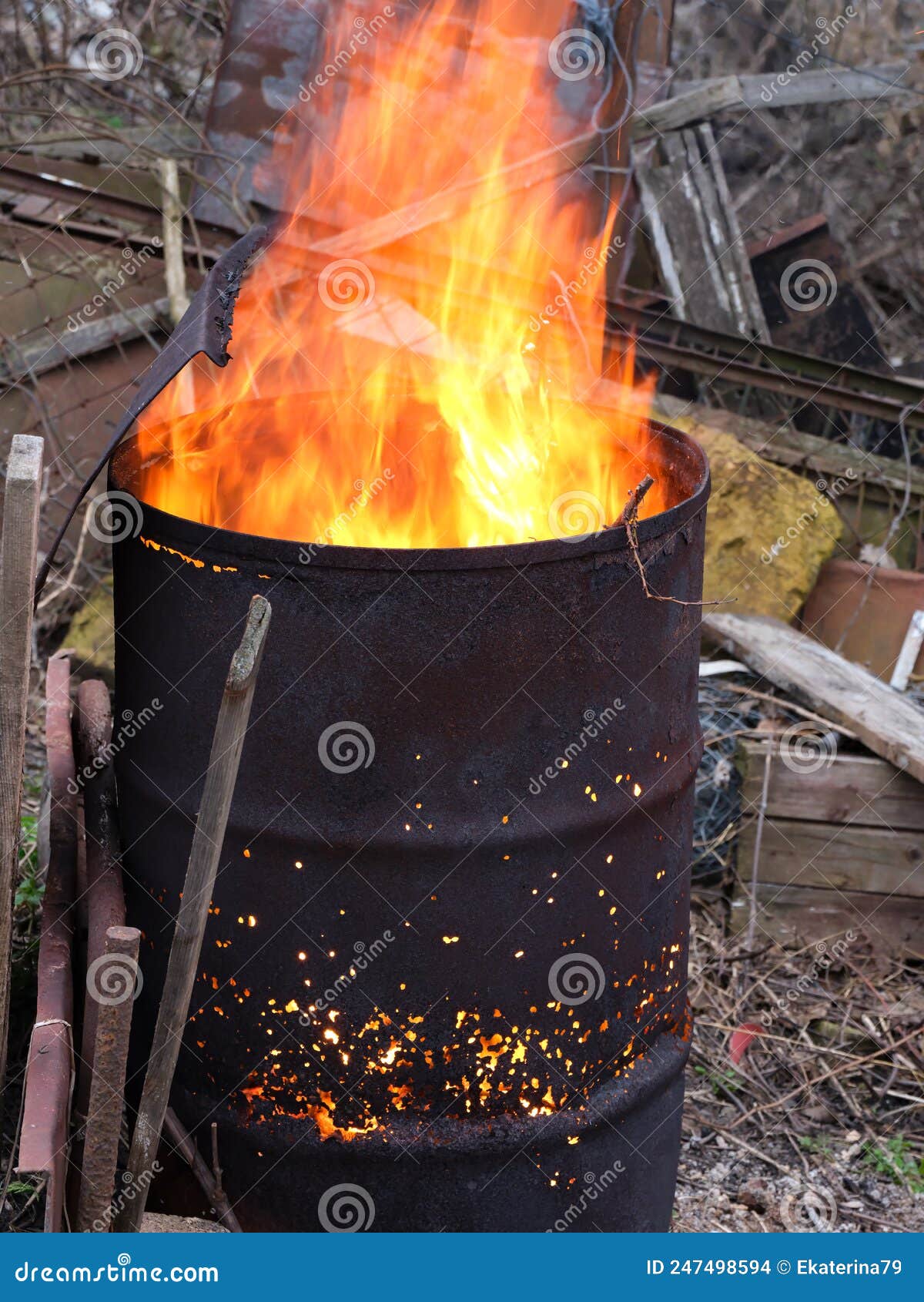 Bright Fire Burning Inside an Old Rusty Barrel Stock Photo Image of