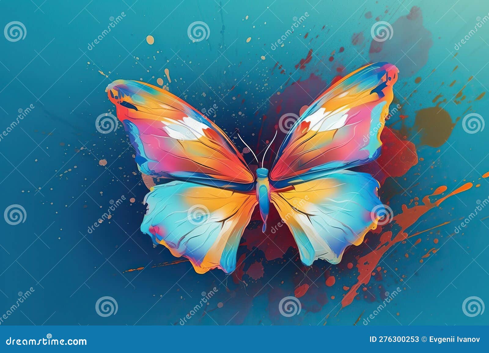 Bright Flying Butterfly on a Blue Background. Splashes of Water and