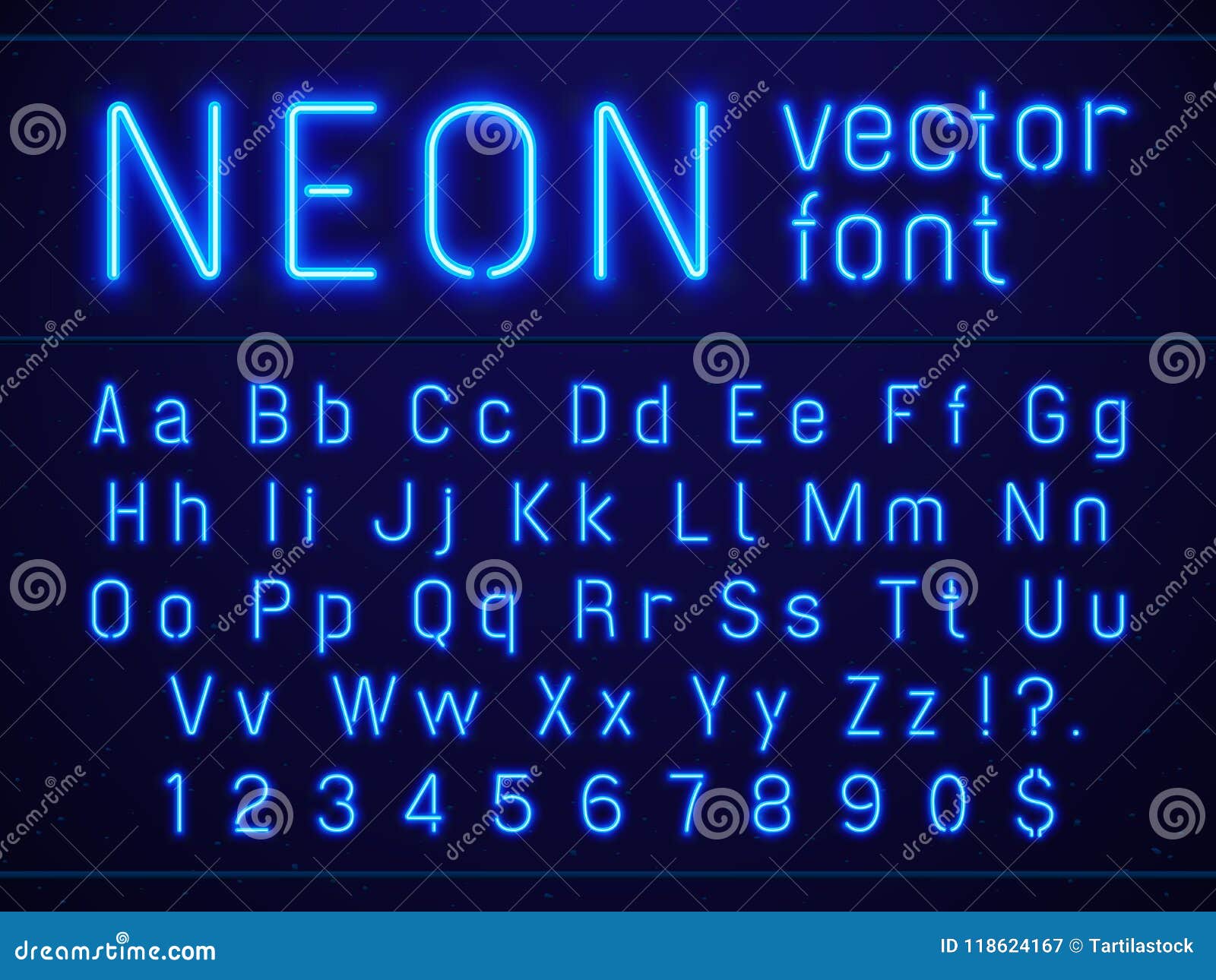 bright glowing blue neon alphabet letters and numbers font. nightlife entertainments, modern bars, casino illuminated