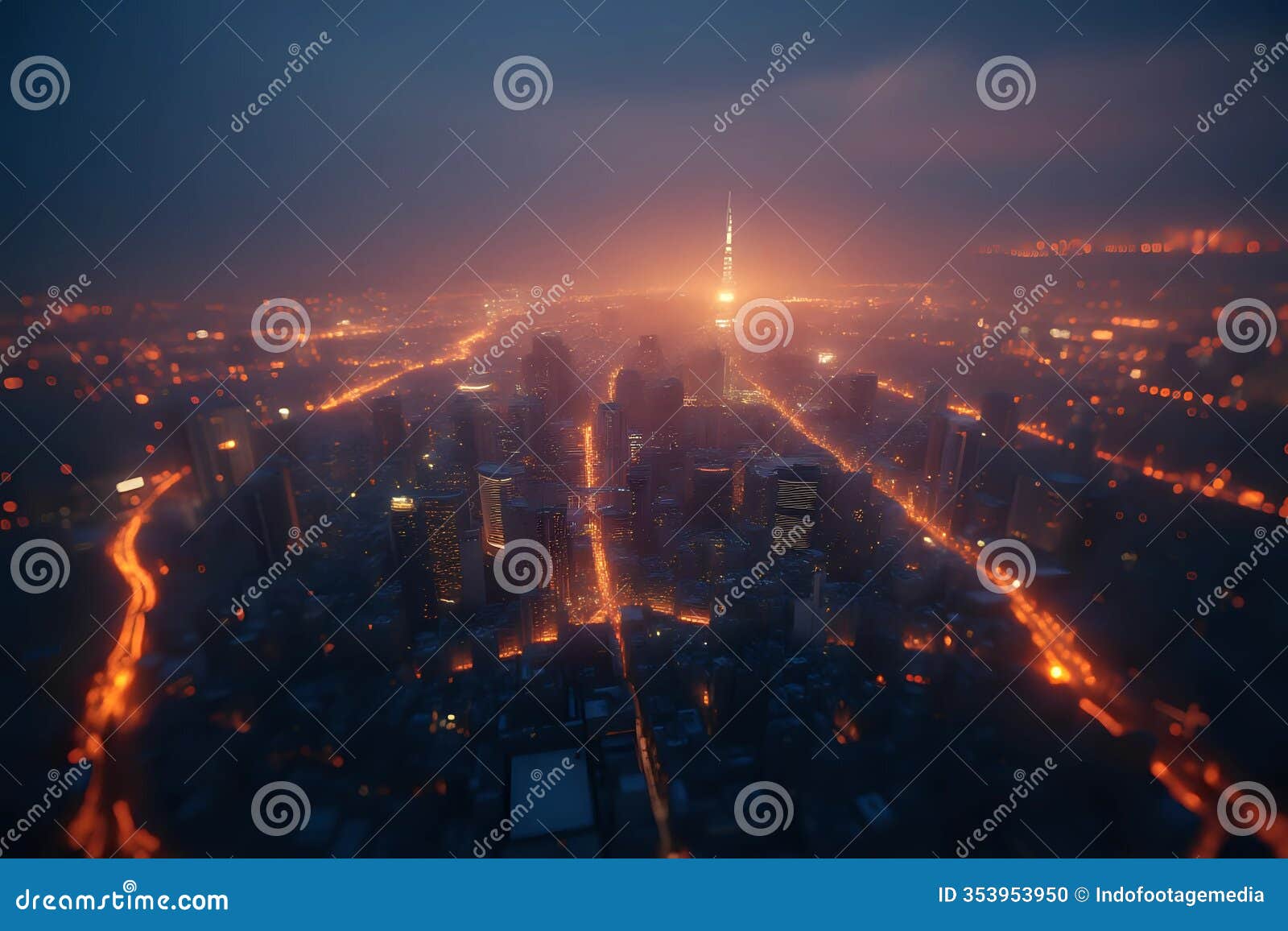 bright glowing lights of district in megapolis under dusk sky in evening on blurred background on pantone mocha mousse vibes with