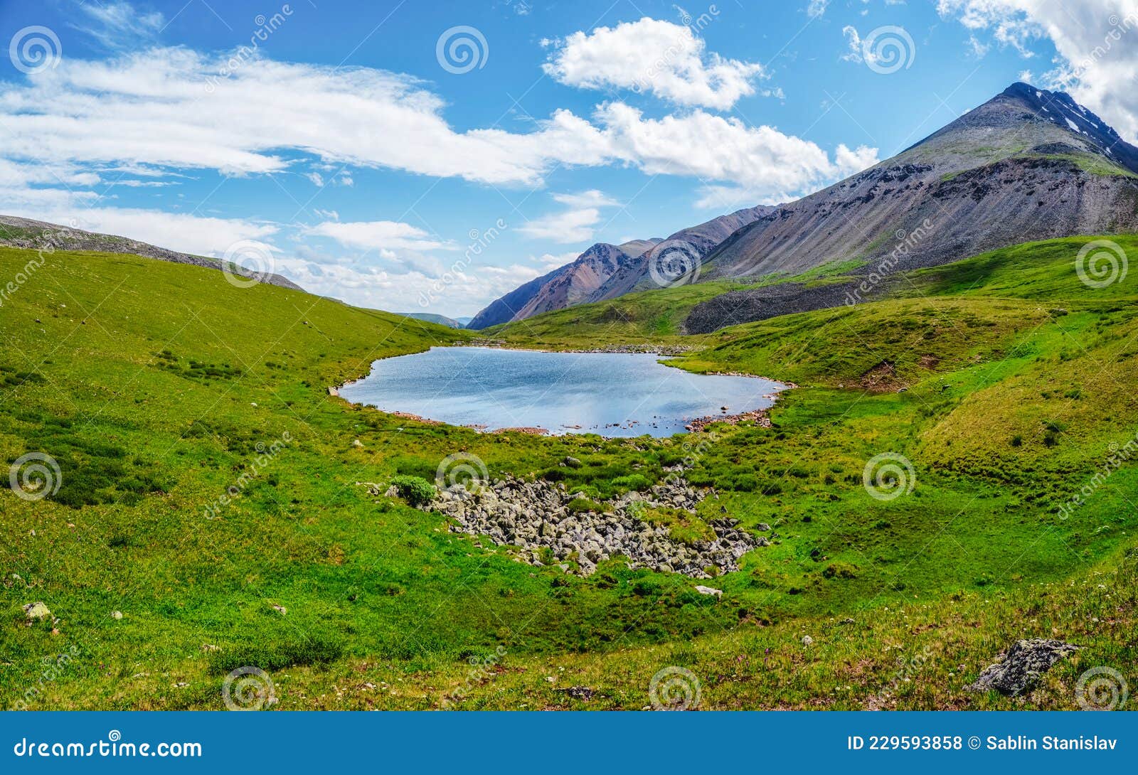 Bright Green Blue Alpine Landscape With Mountain Lake In Highland