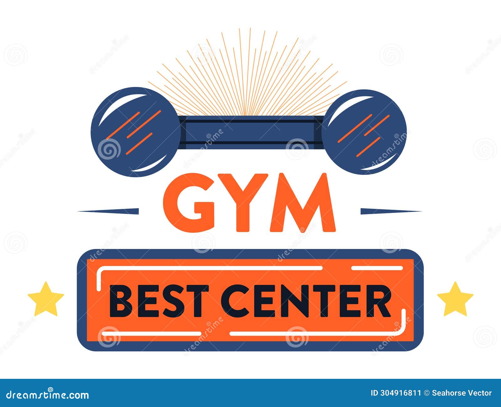 bright gym logo with barbell and star, orange blue fitness center emblem. workout facility branding with shining weights