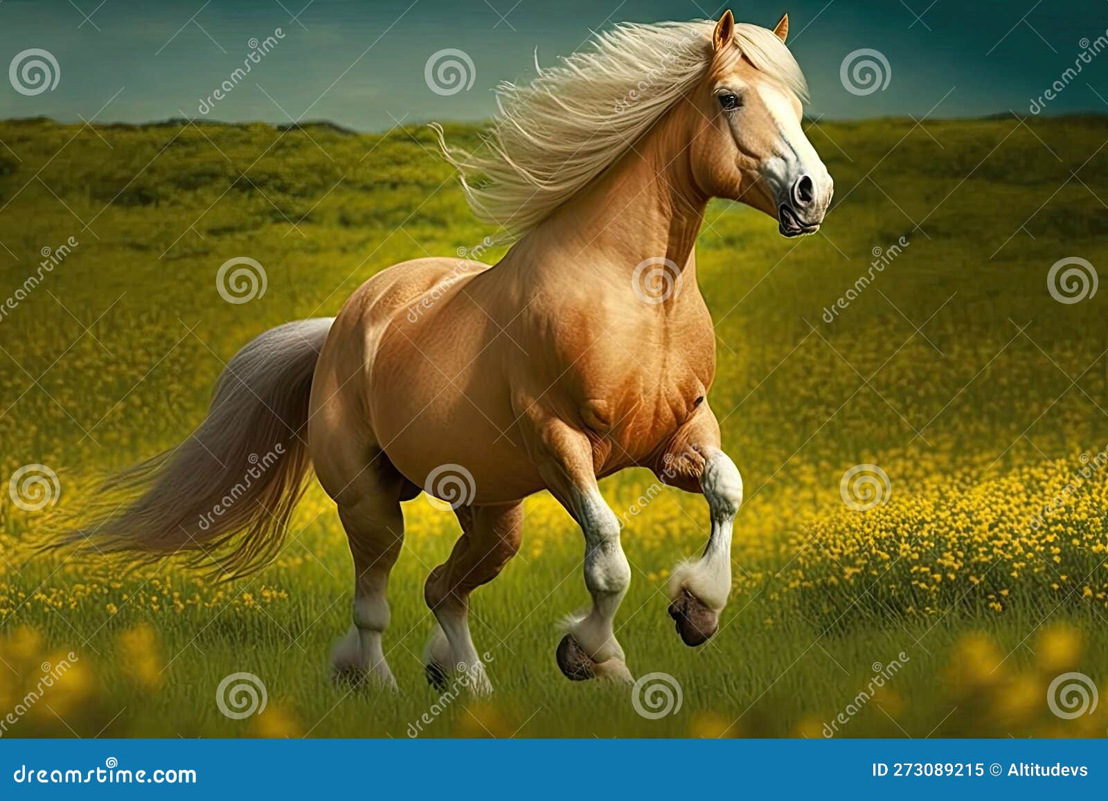 Bright Horse with Yellow Mane is Dancing in Meadow Stock Illustration