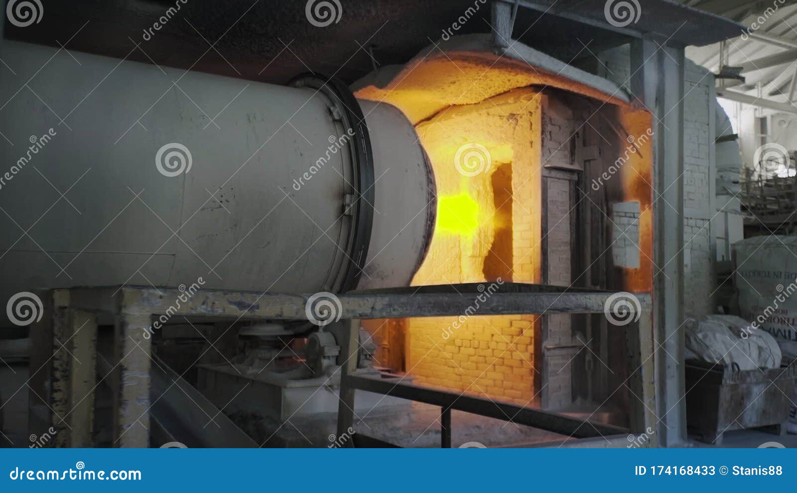 Bright Hot Flame in Industrial Oven, Burning Ceramic Tile in Plant