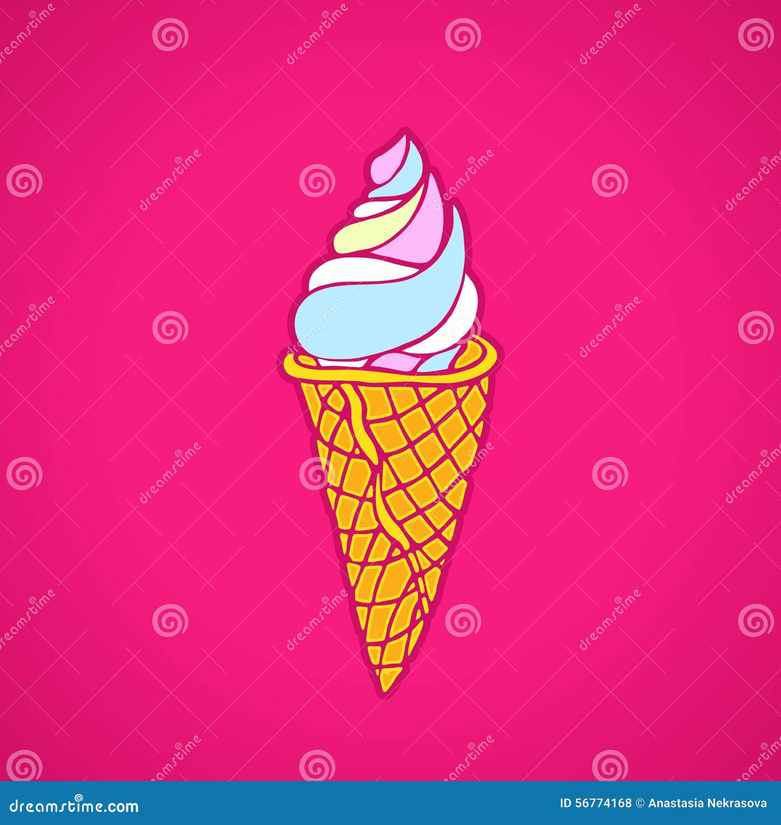 Bright soft ice cream in a waffle cone on a pink background
