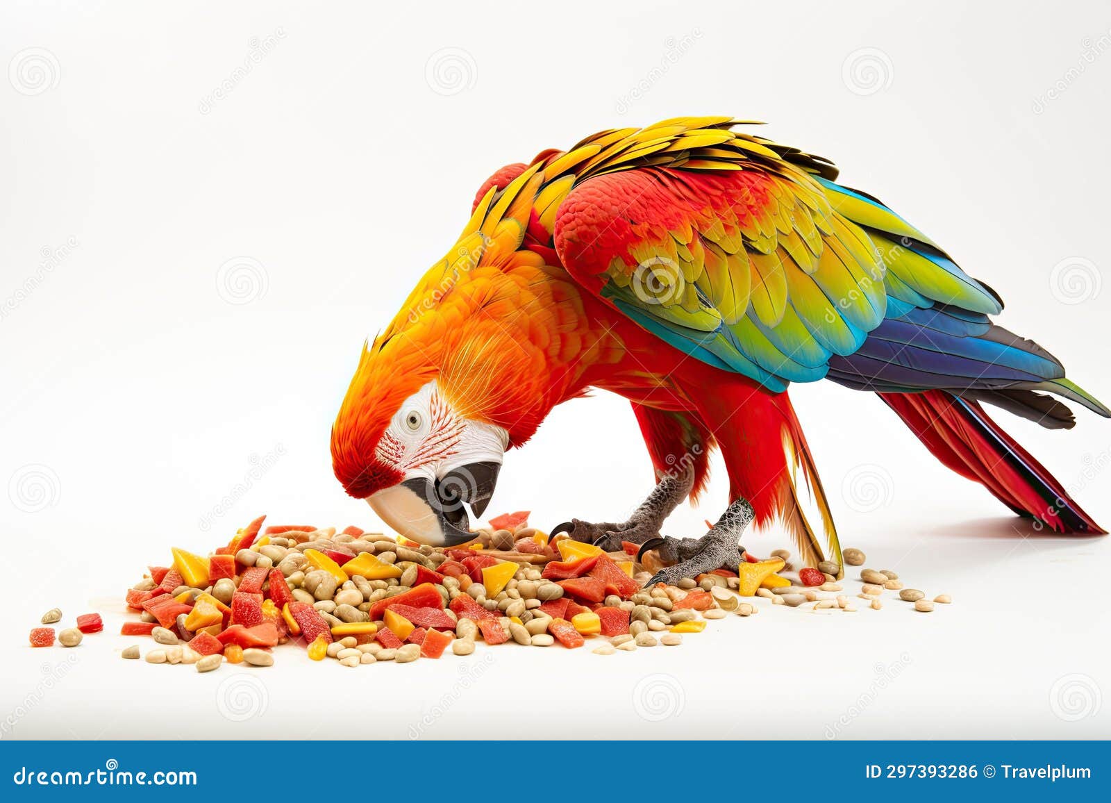 A Bright Large Multicolored Macaw Parrot Eats Bird Food, Grain on a